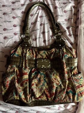 Sienna Ricchi Paisley Shoulder Bag in Burgundy, Teal & Olive Croc Trim